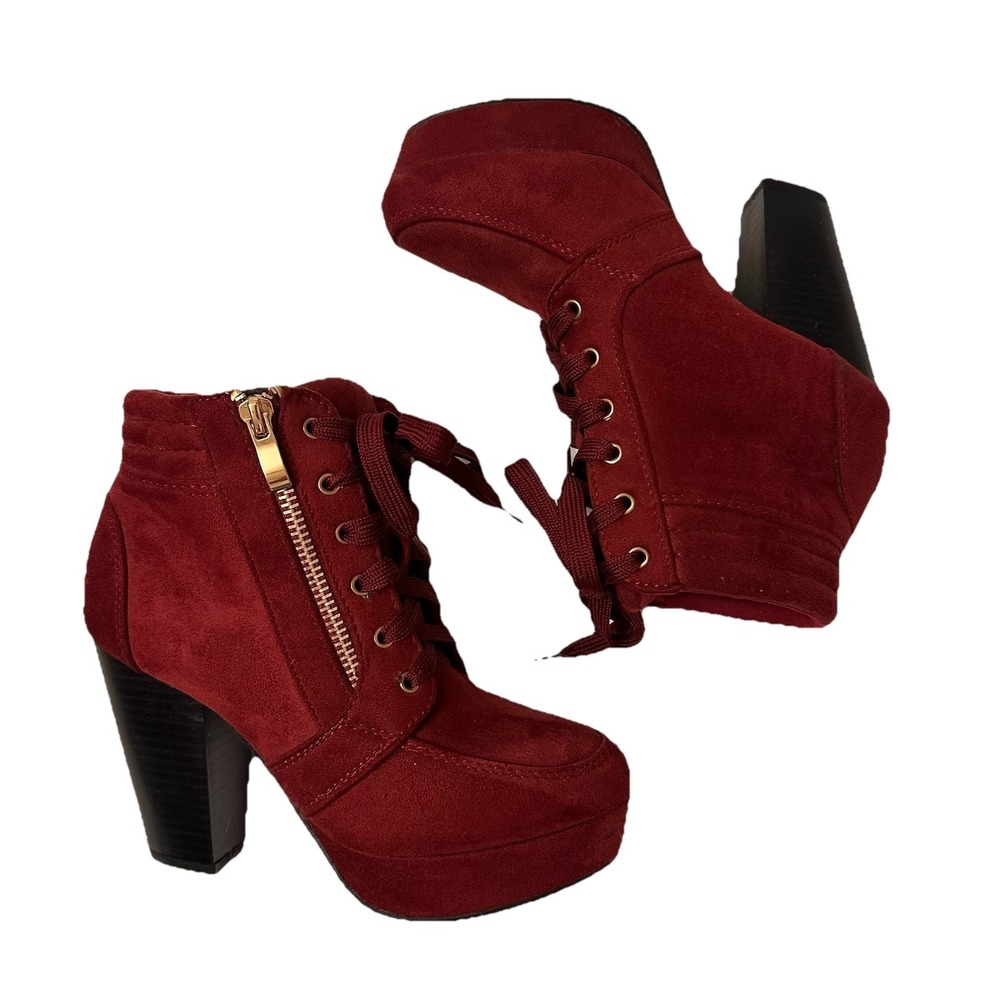 Women's Red Suede Tie Up Side Zip up Platform 4" Chunky Heel Ankle Boots Size 5